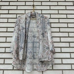 Chico’s Sheer Chiffon Open Front Cardigan Kimono Jacket Boho Artsy Abstract L